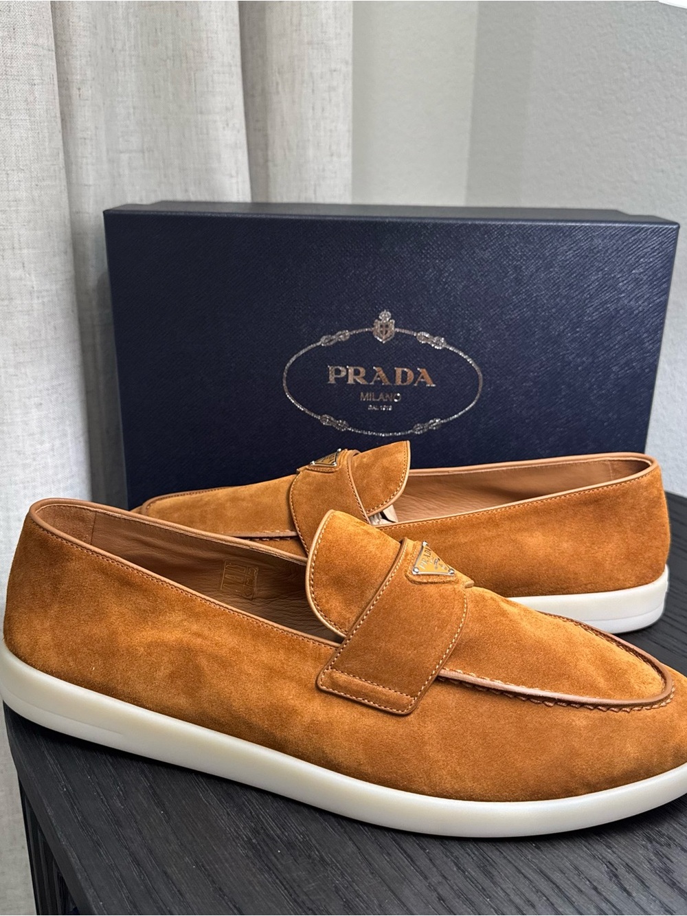 Prada Men's St. Tropez Suede Loafers Cognac 13 - Picture 3 of 7